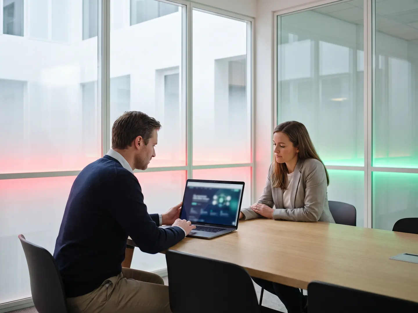 Two consultants reviewing an invoice and payment link on a laptop